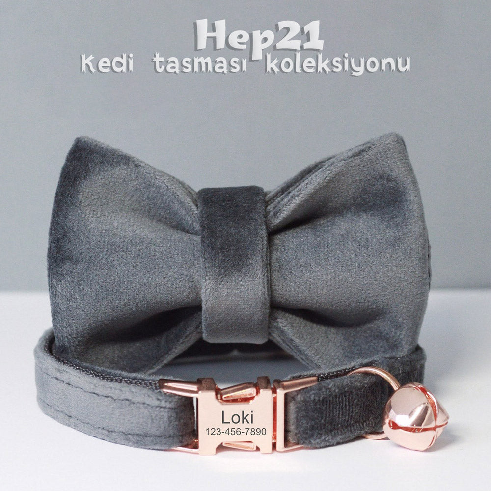 Papyonlu Kedi tasması Kadife İsimli Zilli Kedi tasma 755153