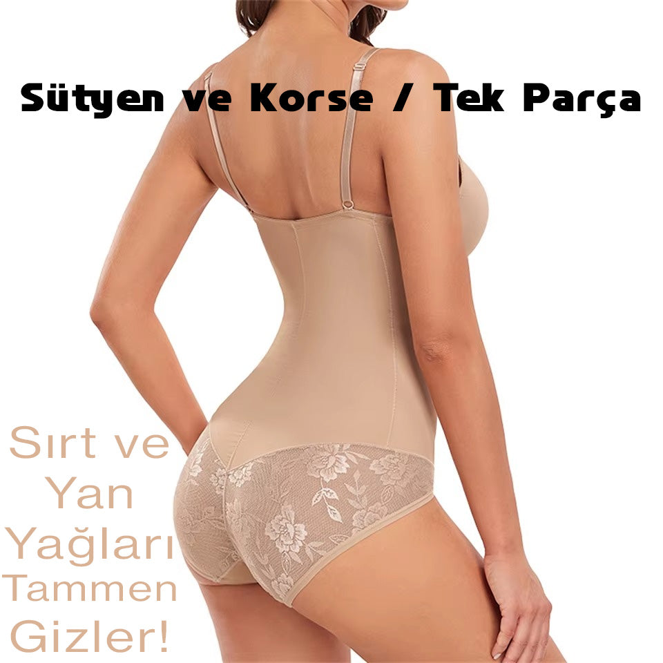 Dantel Detaylı Balenli Push-Up Toparlayıcı Bodysuit Korse 40193