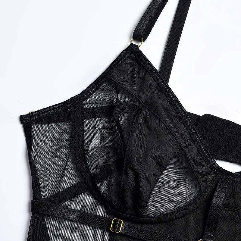 Transparan Dantel Bodysuit Sırt Dekolteli Seksi Vücut Çorabı Siyah Fantazi İç Giyim 63165