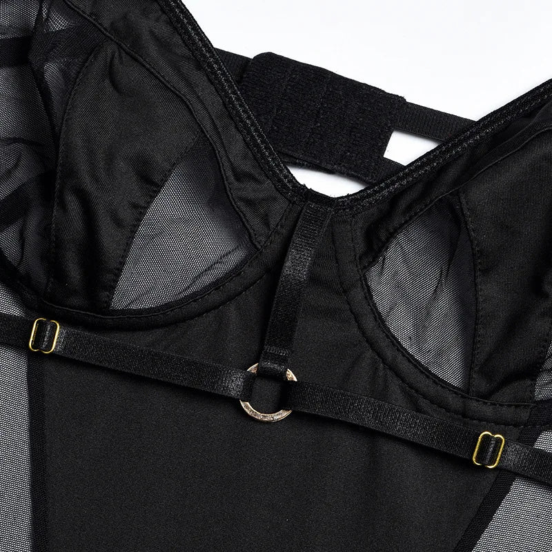 Transparan Dantel Bodysuit Sırt Dekolteli Seksi Vücut Çorabı Siyah Fantazi İç Giyim 63165