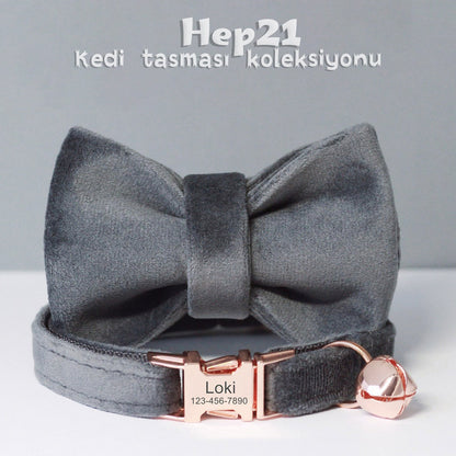 Papyonlu Kedi tasması Kadife İsimli Zilli Kedi tasma 755153