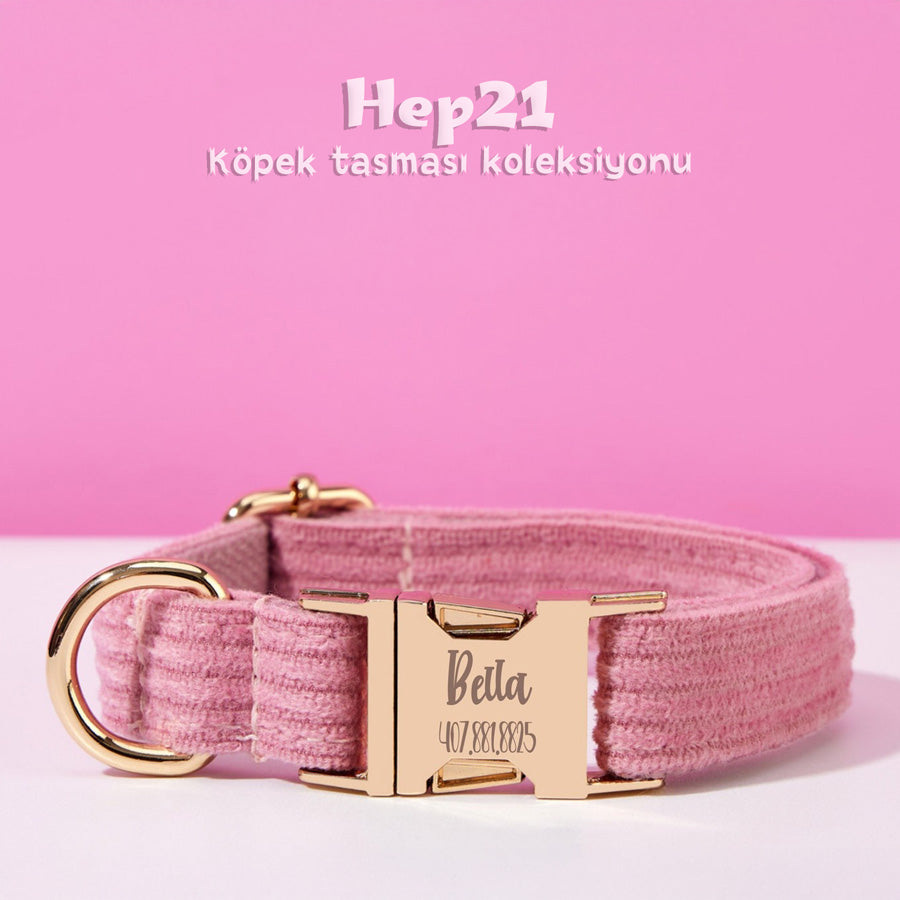 Köpek Boyun Tasması İsimli Tozlu Pembe Fitilli Kadife 666532