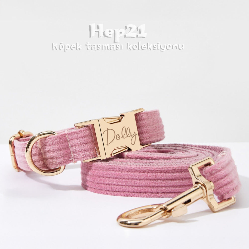 Köpek Boyun Tasması İsimli Tozlu Pembe Fitilli Kadife 666532