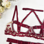 Kalp Nakışlı Açık Sütyen Takımı Balenli ve Push-Up Etkili Fantazi Set 93450