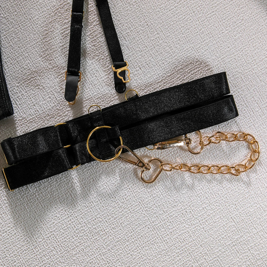 Zincir Askılı Lüks Jartiyer Seti 5 Parça Balenli ve Aksesuarlı Fantazi Takım 37082