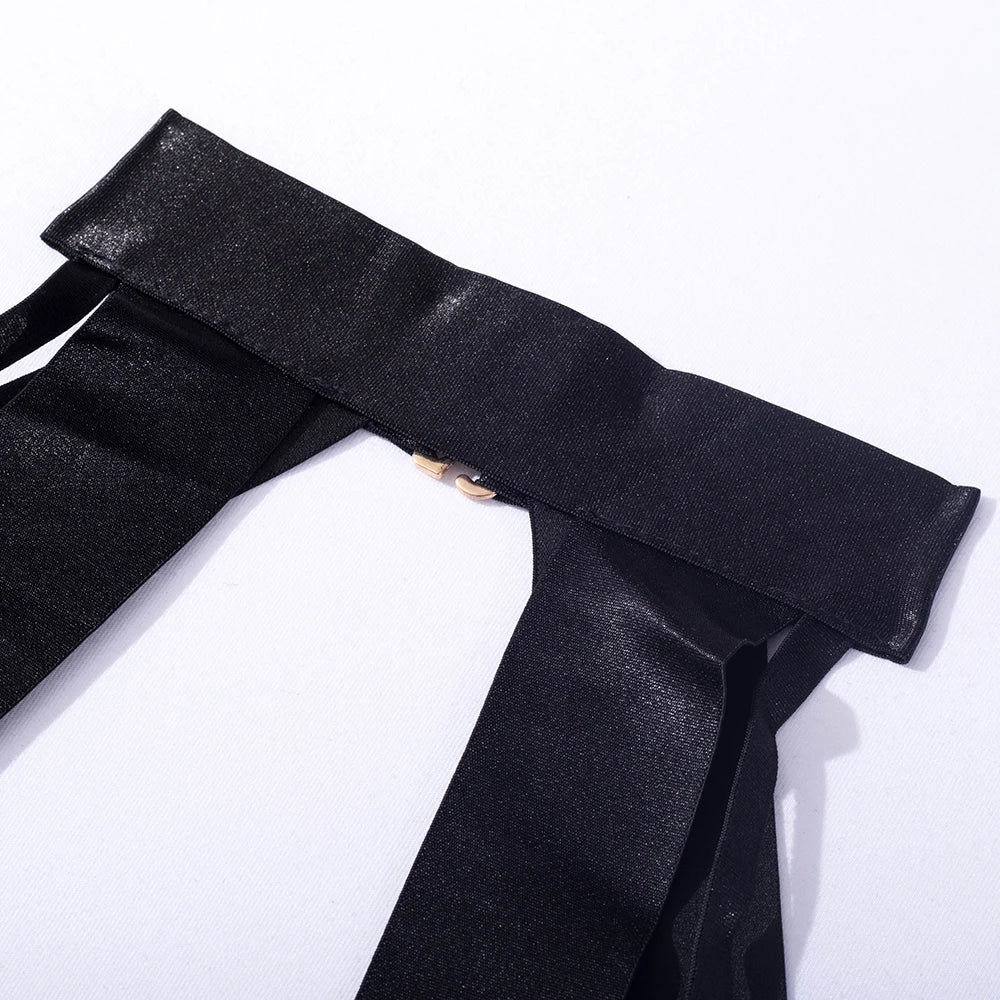 Bandaj Detaylı Halter Yaka Bodysuit Yüksek Kesim Siyah Fantazi Vücut Çorabı 35565