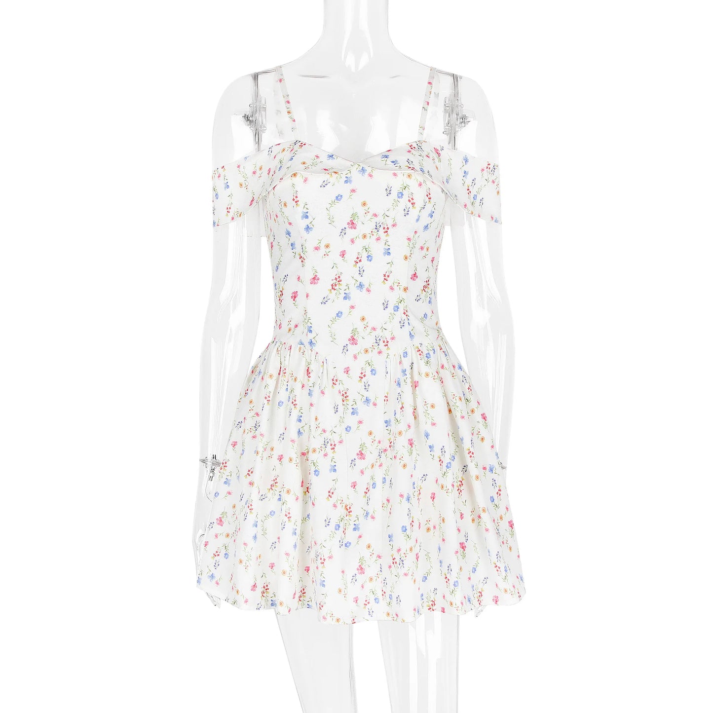 فستان نسائي صيفي قصير بطيات باللون الأبيض 90034