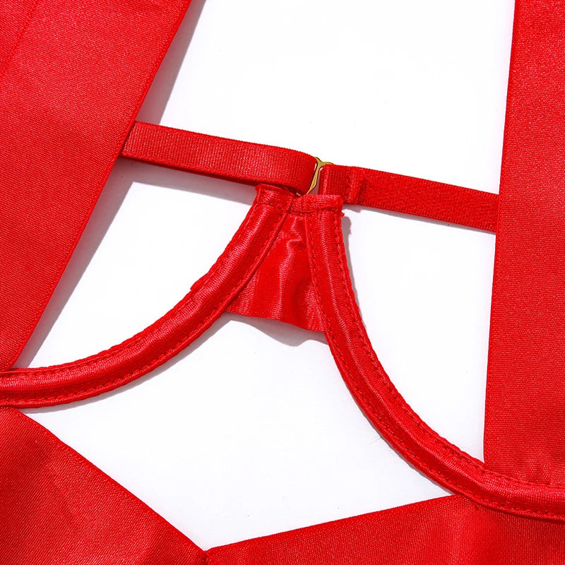 Bandaj Detaylı Halter Yaka Bodysuit Yüksek Kesim Siyah Fantazi Vücut Çorabı 35565