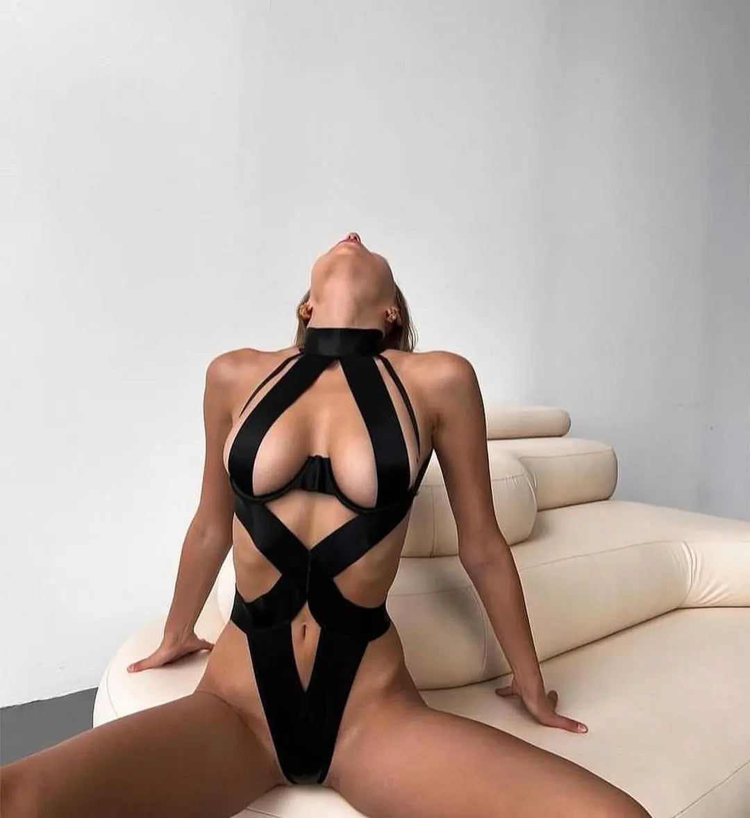 Bandaj Detaylı Halter Yaka Bodysuit Yüksek Kesim Siyah Fantazi Vücut Çorabı 35565