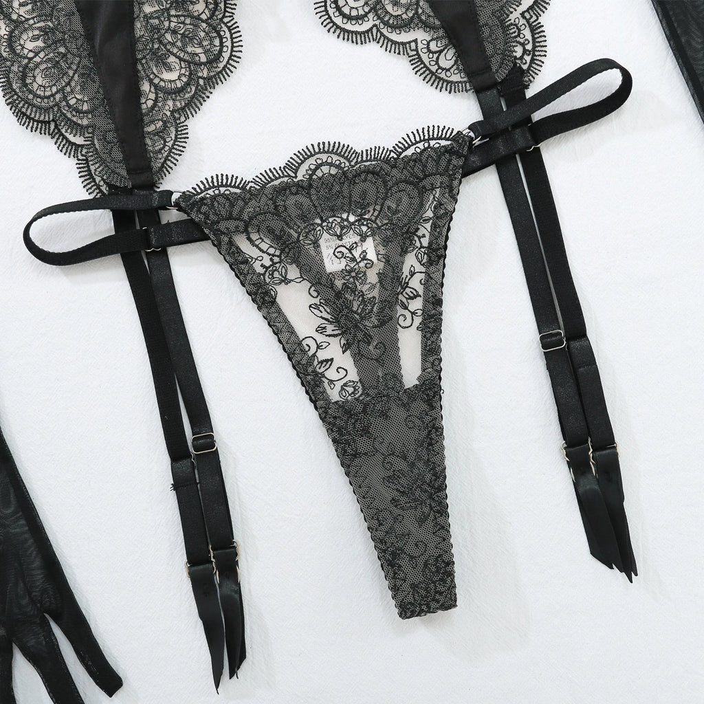 Uzun Eldivenli Dantel Jartiyer Takımı  Göğüs Bantlı Fantazi İç Giyim Seti 57080