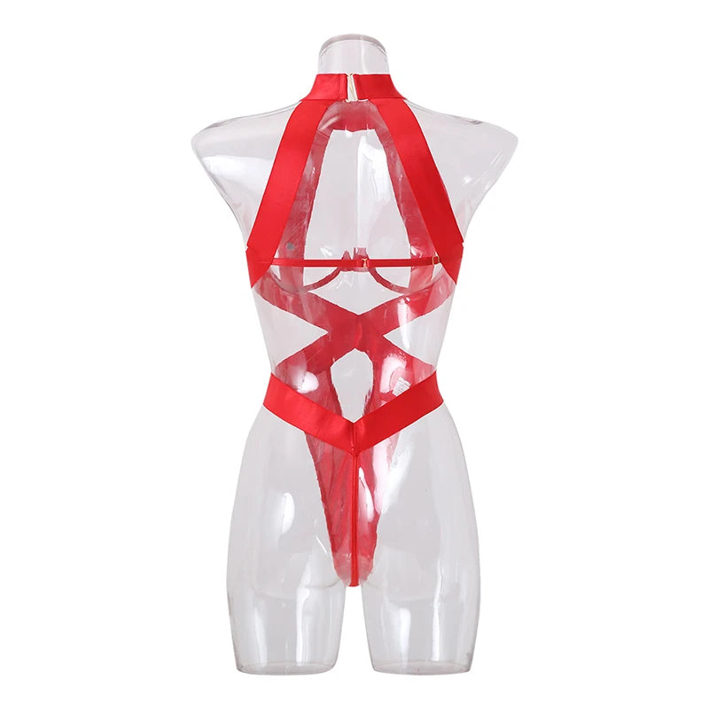 Bandaj Detaylı Halter Yaka Bodysuit Yüksek Kesim Siyah Fantazi Vücut Çorabı 35565