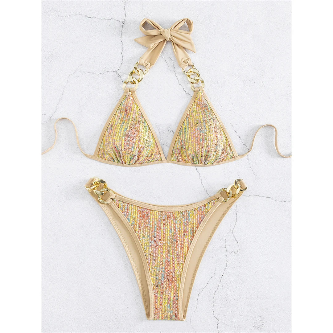 Kadın Bikini Parlak Pullu Metal Halkalı Halter Bikini 67849