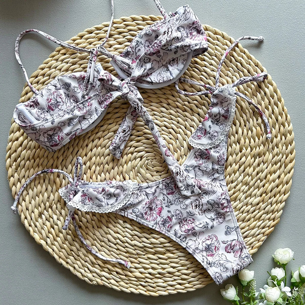 Kadın Bikini Destekli Push Up Çiçek Desenli 92448