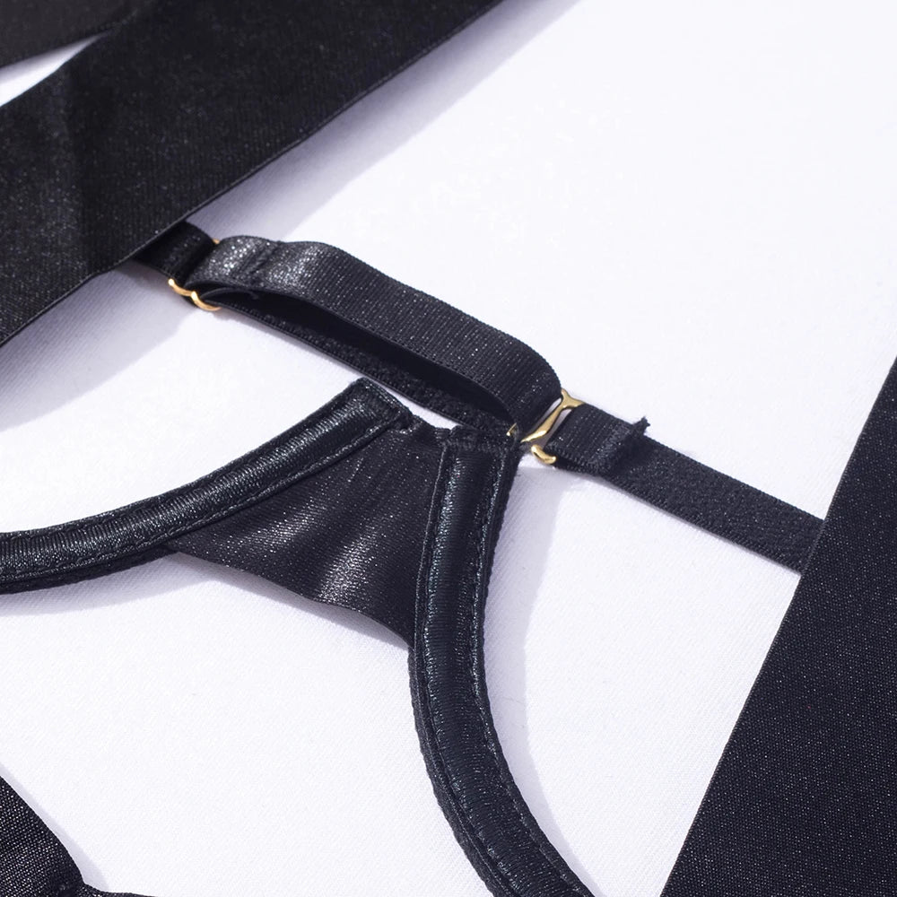 Bandaj Detaylı Halter Yaka Bodysuit Yüksek Kesim Siyah Fantazi Vücut Çorabı 35565