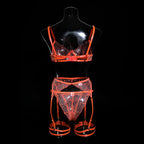 Neon Turuncu 4'lü Jartiyer Seti Bacak Bantlı ve Öpücük Nakışlı Fantazi Takım 83192