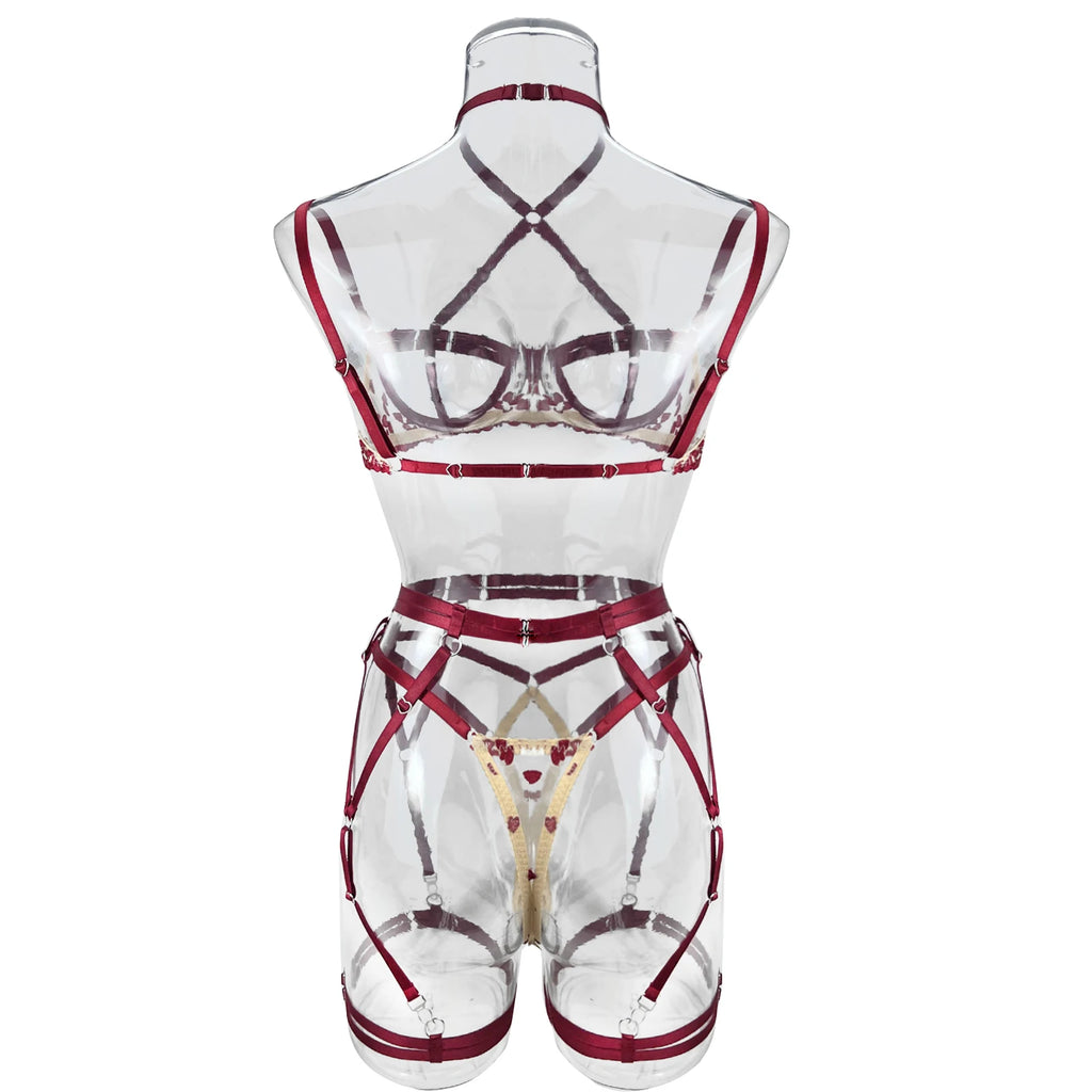 Kalp Nakışlı Açık Sütyen Takımı Balenli ve Push-Up Etkili Fantazi Set 93450