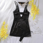 Derin V Yaka Saten Gecelik Dantel Detaylı, Yırtmaçlı ve Sırt Dekolteli Seksi Mini Elbise 42492