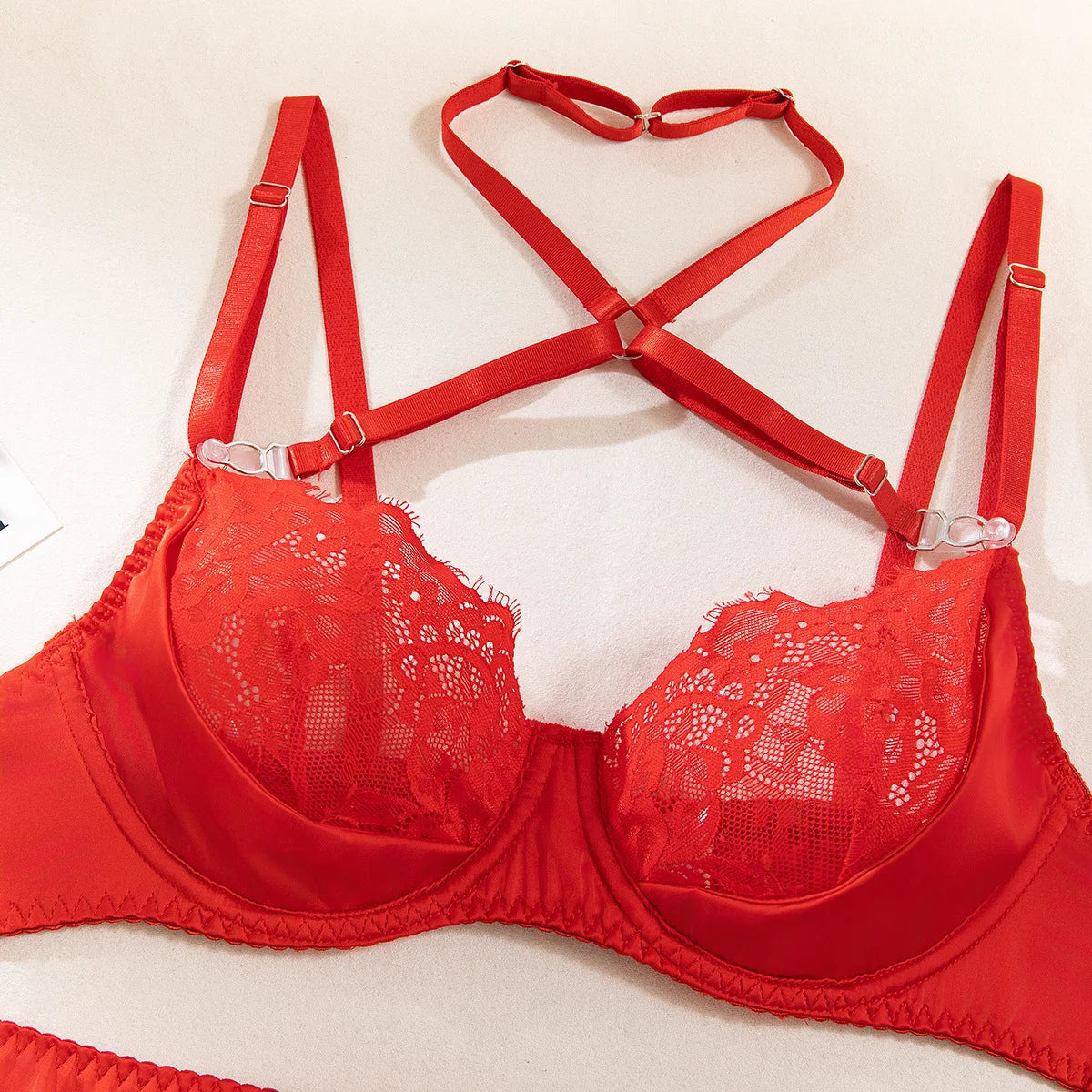 Halter Yaka Dantel İç Giyim Seti  Jartiyerli, Balenli ve Tanga 3'lü Fantazi Takım 75386