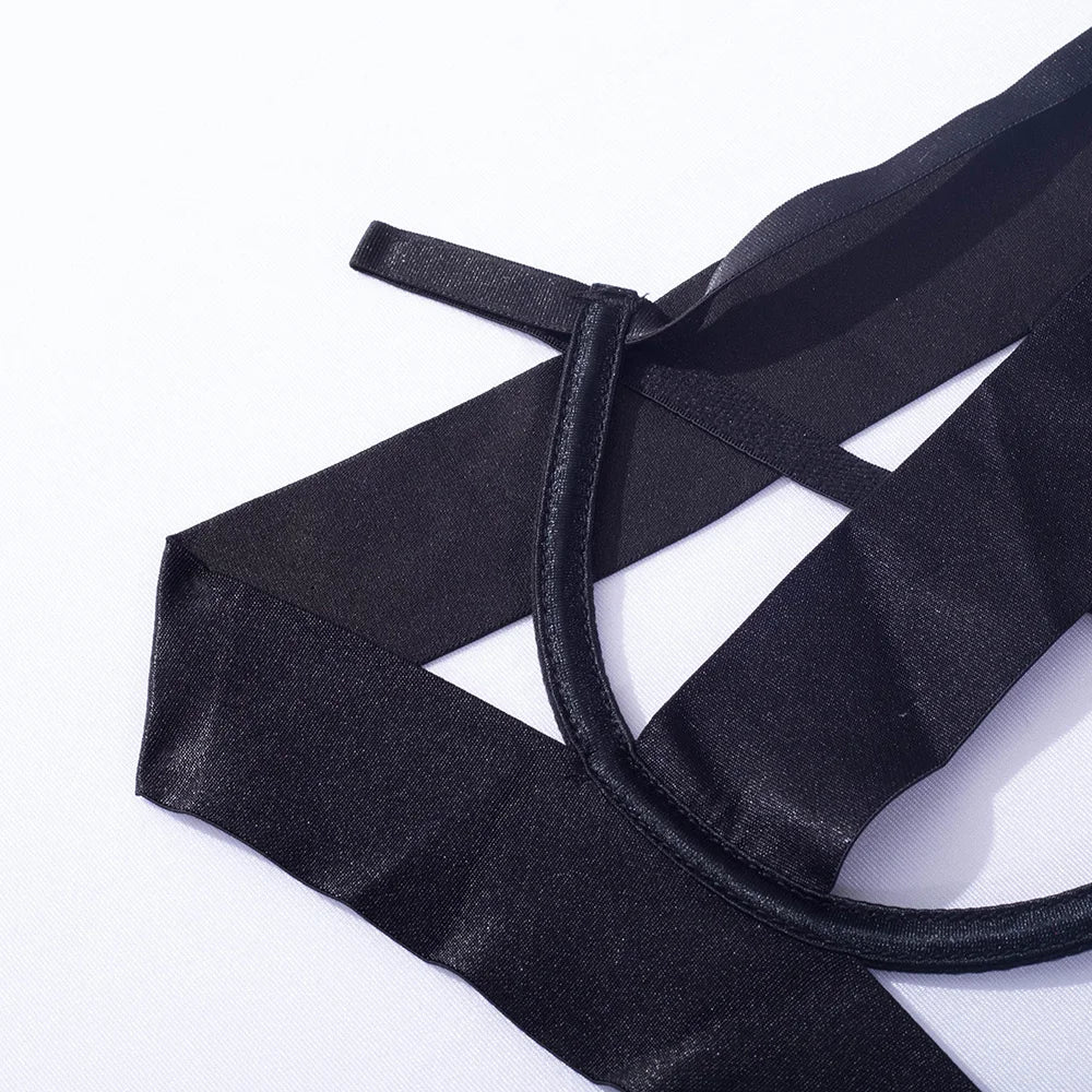 Bandaj Detaylı Halter Yaka Bodysuit Yüksek Kesim Siyah Fantazi Vücut Çorabı 35565