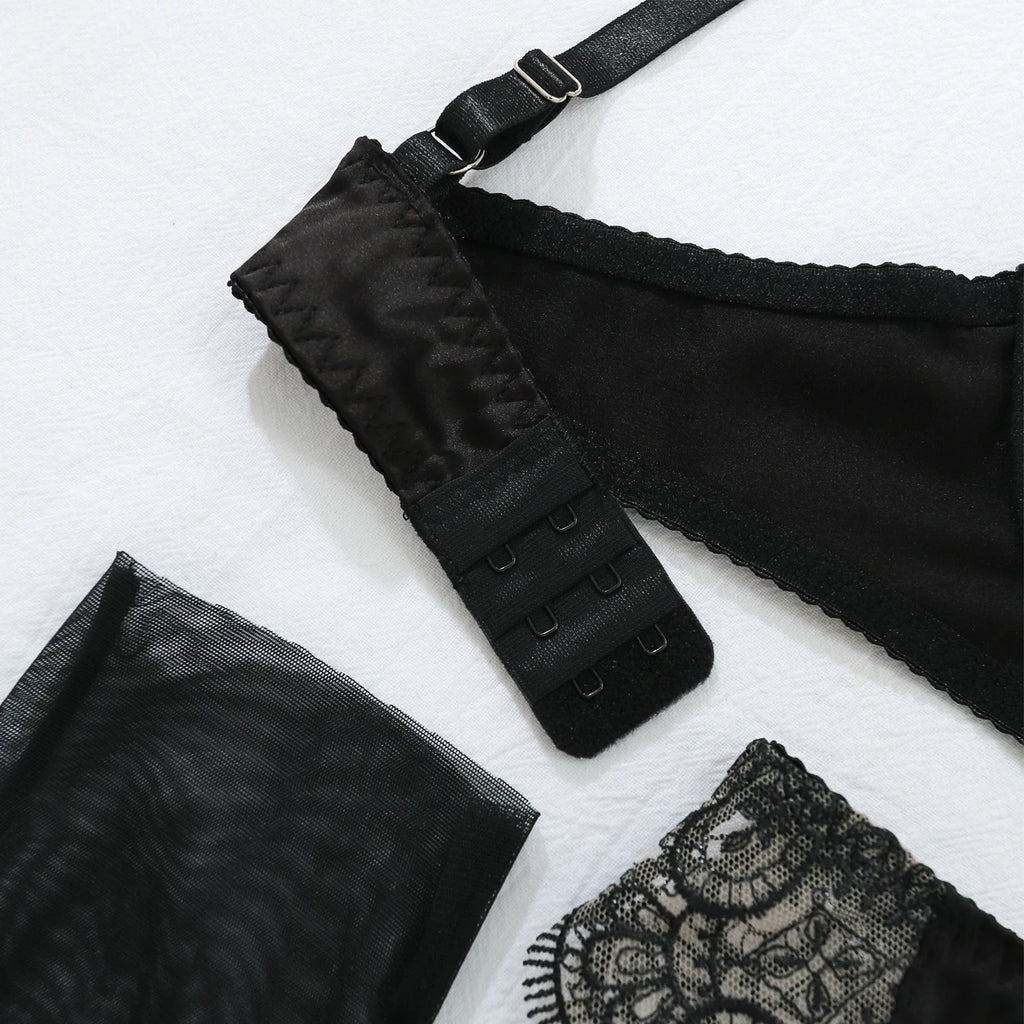 Uzun Eldivenli Dantel Jartiyer Takımı  Göğüs Bantlı Fantazi İç Giyim Seti 57080