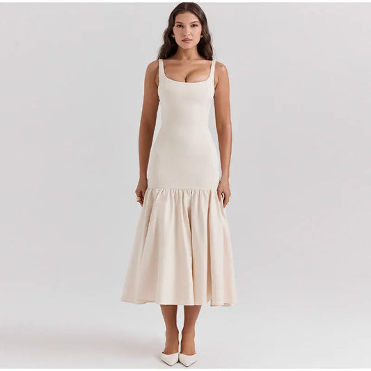 Kadın Elbise Askılı Kare Yaka Midi Elbise 3012