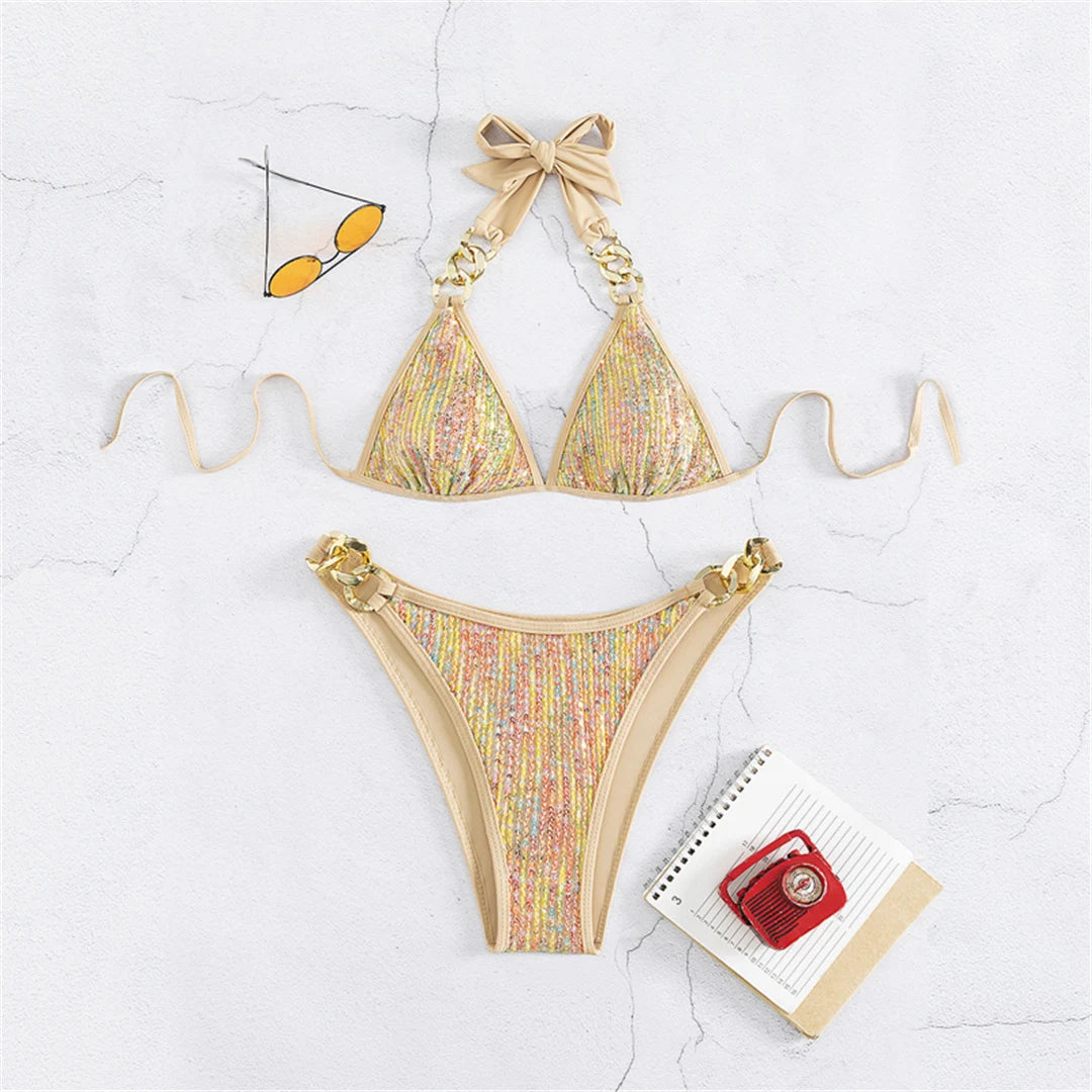 Kadın Bikini Parlak Pullu Metal Halkalı Halter Bikini 67849