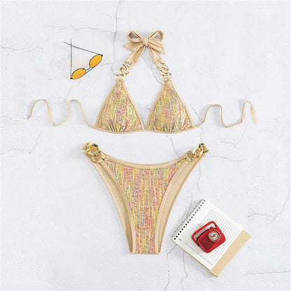 Kadın Bikini Parlak Pullu Metal Halkalı Halter Bikini 67849