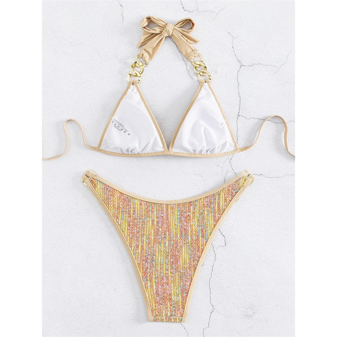 Kadın Bikini Parlak Pullu Metal Halkalı Halter Bikini 67849