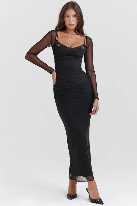 Women's Bodycon Long Sleeve Black Long Dress 7958