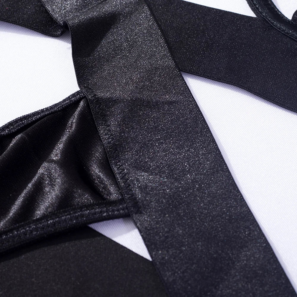 Bandaj Detaylı Halter Yaka Bodysuit Yüksek Kesim Siyah Fantazi Vücut Çorabı 35565