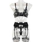 Lüks Dantel İç Giyim Seti Çiçek İşlemeli, Jartiyerli ve Balenli 3 Parça Fantazi Takım 65414