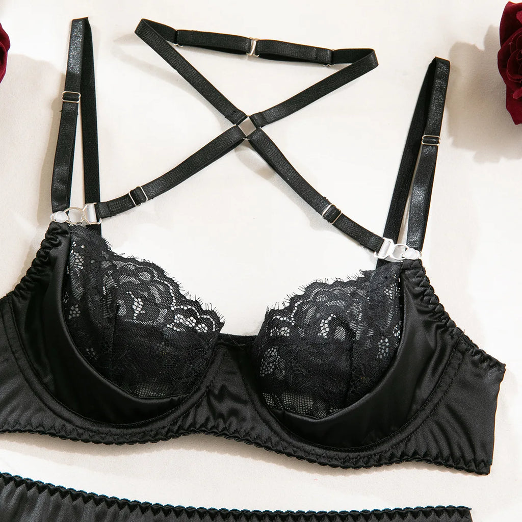 Halter Yaka Dantel İç Giyim Seti  Jartiyerli, Balenli ve Tanga 3'lü Fantazi Takım 75386