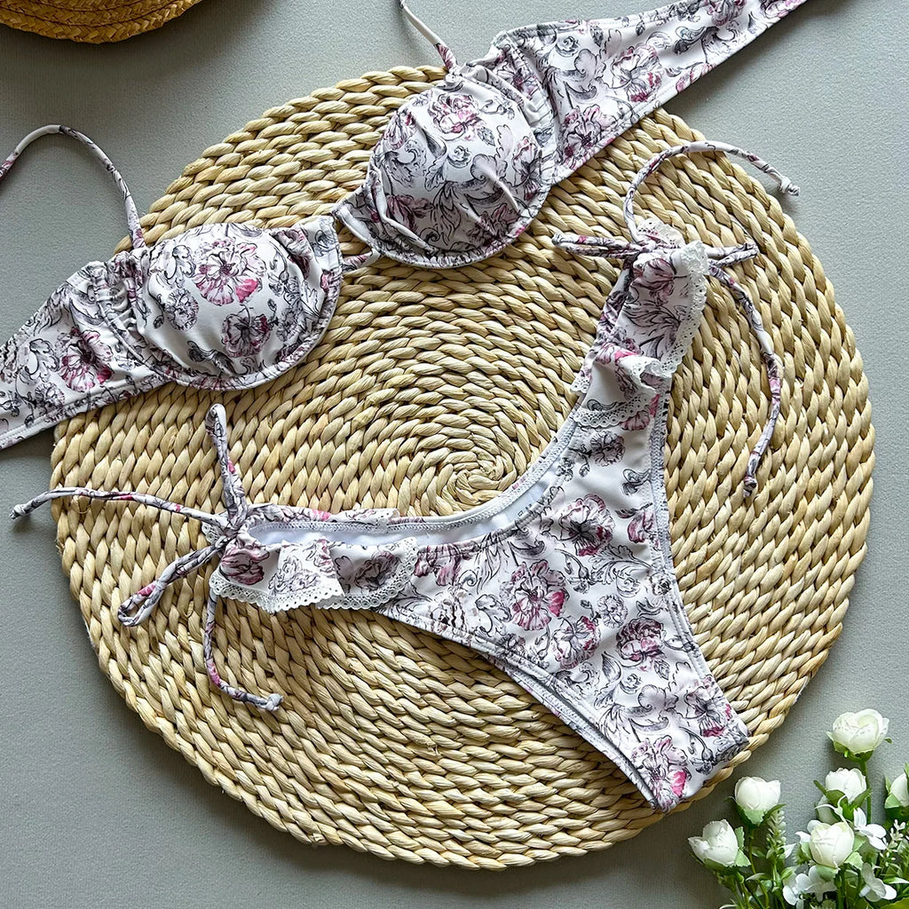 Kadın Bikini Destekli Push Up Çiçek Desenli 92448