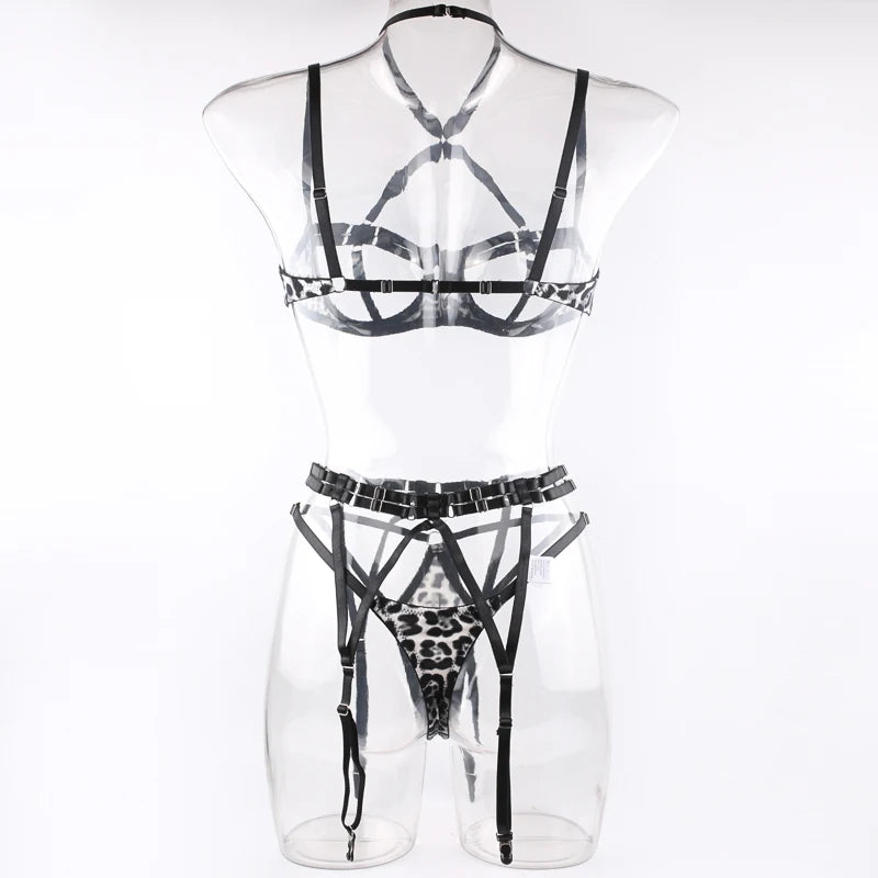 Leopar Desenli 3'lü Jartiyer Takımı: Strappy Bantlı Fantazi İç Giyim Seti 06146