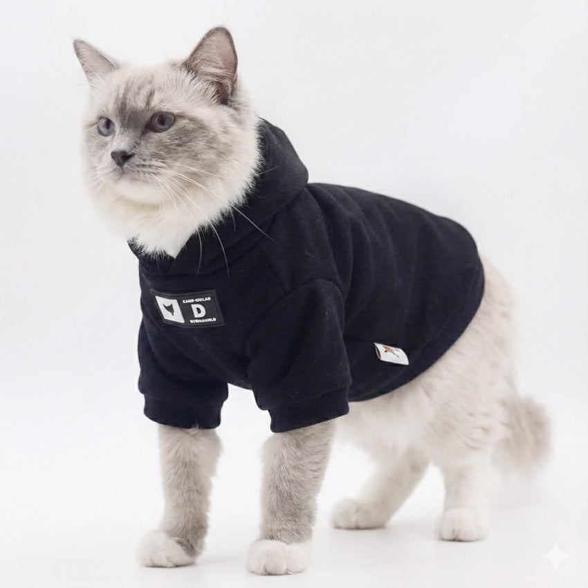 Siyah Kapüşonlu Kedi Sweatshirt Pamuklu Kışlık Kedi Kıyafeti 67961