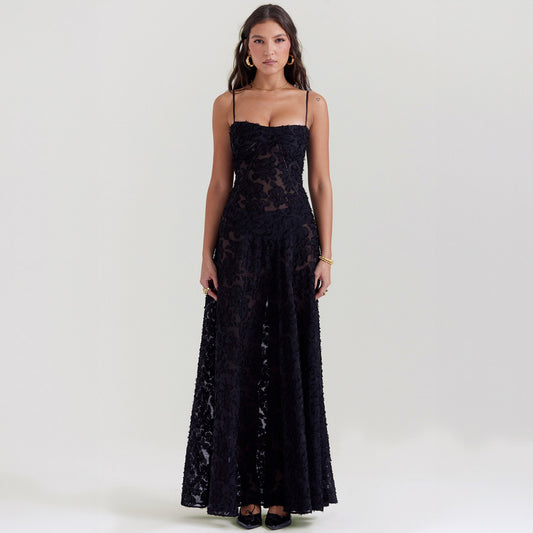 Women's Maxi Sequined Strap Black Long Dress 51398