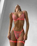 Neon Turuncu 4'lü Jartiyer Seti Bacak Bantlı ve Öpücük Nakışlı Fantazi Takım 83192