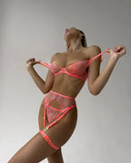 Neon Turuncu 4'lü Jartiyer Seti Bacak Bantlı ve Öpücük Nakışlı Fantazi Takım 83192