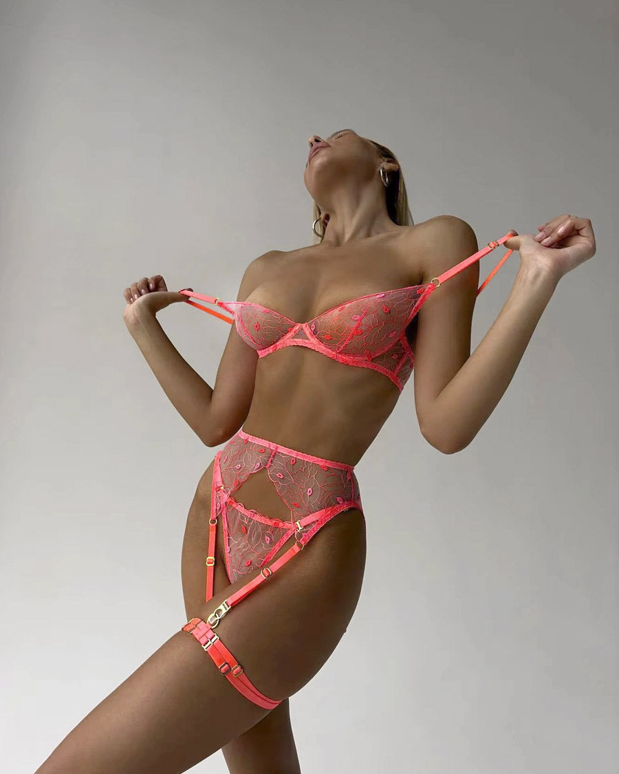 Neon Turuncu 4'lü Jartiyer Seti Bacak Bantlı ve Öpücük Nakışlı Fantazi Takım 83192