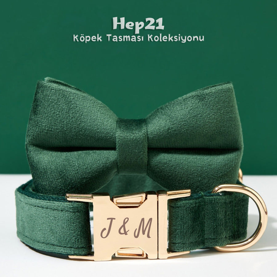 Köpek Boyun Tasması İsimli Orman Yeşili Kadife Boyun Tasması 489419